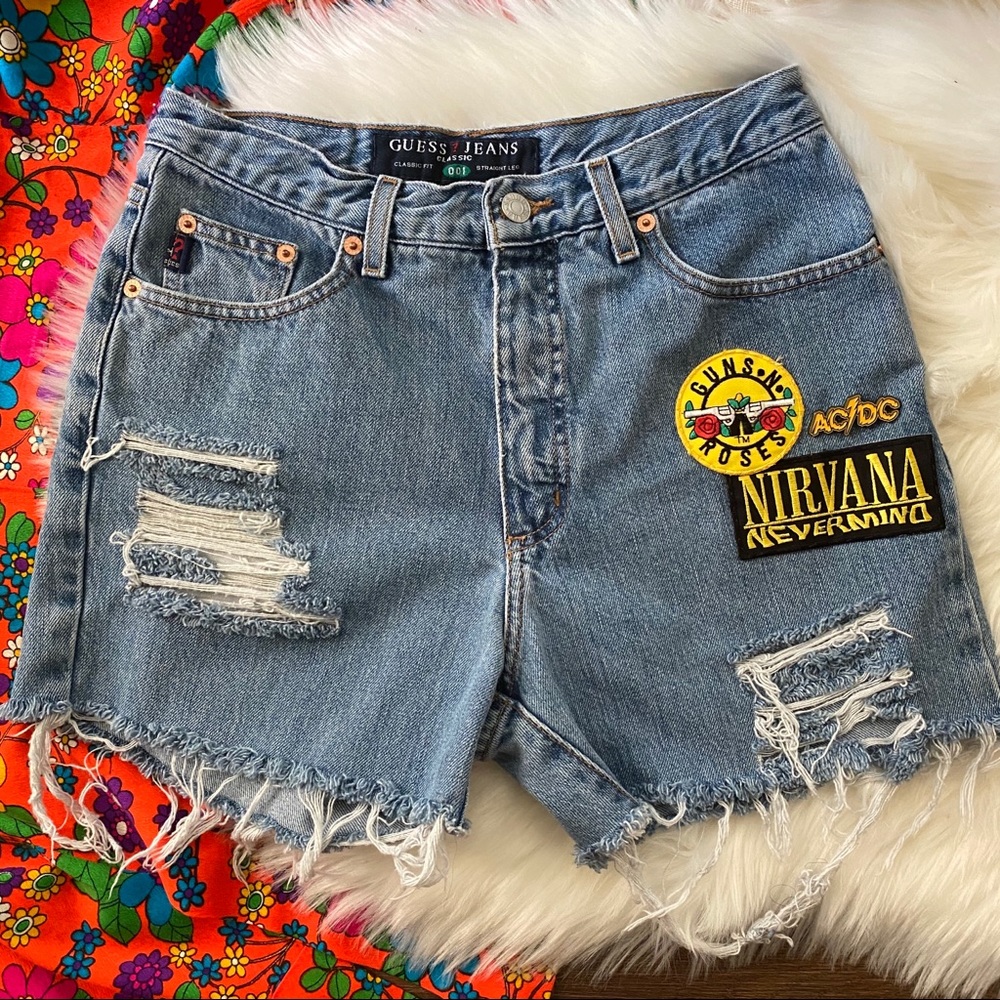 VTG Guess Rock Band Patched Denim Cutoff ShortS